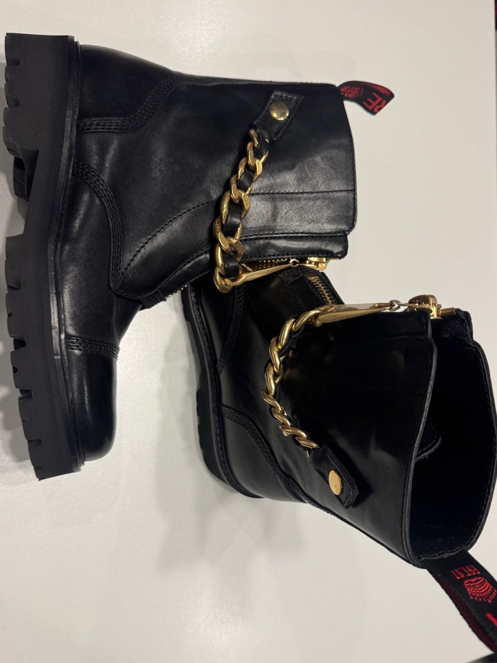 Zadig & Voltaire Black Leather Ankle Boots with Gold Chain Detail